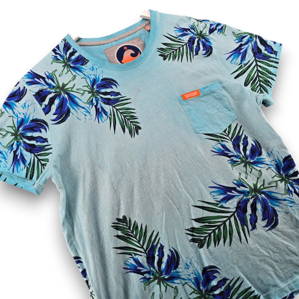 Superdry Pacific Surf Mens 2XL Blue Tropical Floral Palm Pocket T-Shirt M10006FO